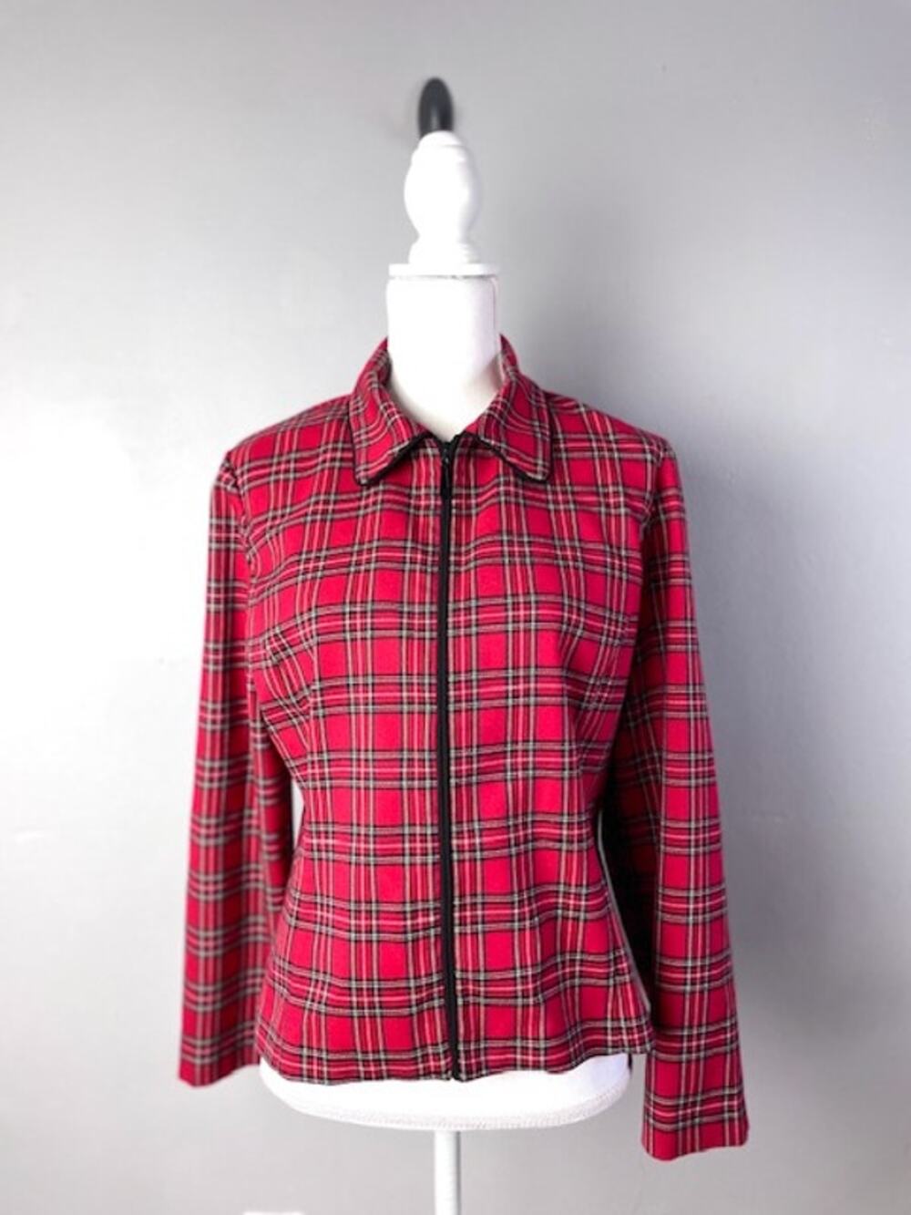 Danny & Nicole Red Tartan Plaid Zip Front Jacket Women 16P Stretch